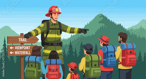 Cartoon scene depicting a firefighter leading a group of hikers through a mountainous trail