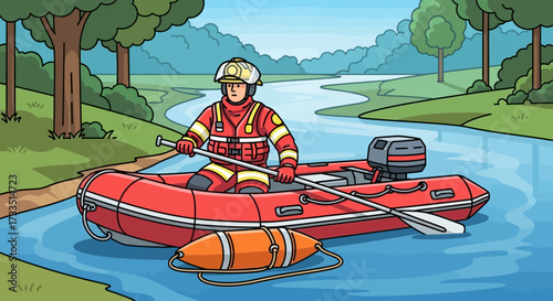Cartoon image of a rescuer in an inflatable motor boat navigating the river waters