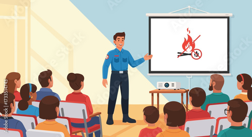 Fire safety presentation with instructor and attentive audience in a classroom setting