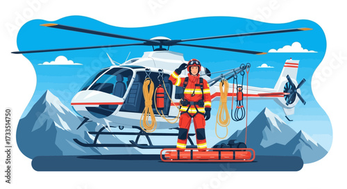 Helicopter rescue team member stands proudly before a mountain backdrop ready for action