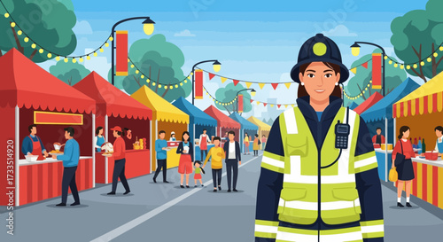 Community festival with a smiling female firefighter amidst market stalls