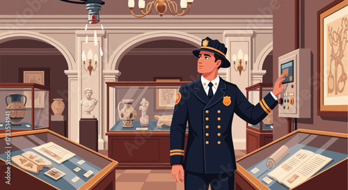 Museum security guard activating the fire suppression system during potential danger
