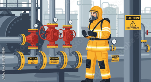 Safety inspector performing a checkup in an industrial setting, protecting environment