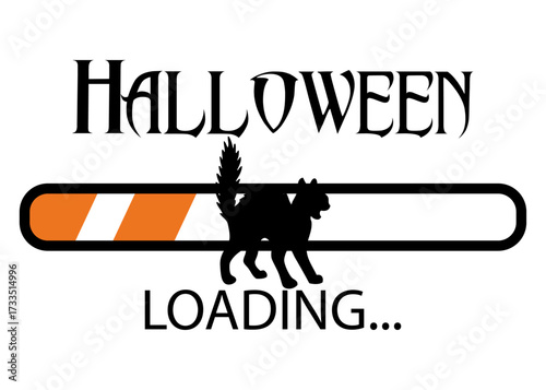 Logo con texto Halloween Loading con barra de progreso con gato negro. Banner de descarga para felicitaciones y tarjetas