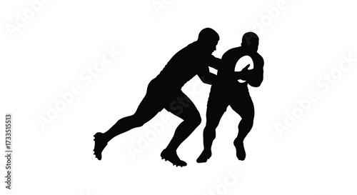 Rugby Players Silhouetted in Action Tackling with Ball Isolated on White