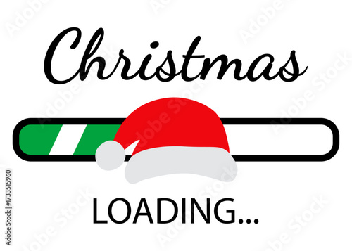 Logo con texto Christmas Loading con barra de progreso con sombrero de Santa Claus. Banner de descarga para felicitaciones y tarjetas