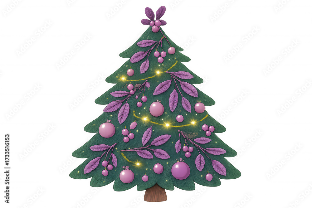 Obraz premium Christmas tree featuring pink baubles, purple foliage accents, and sparkling fairy lights, celebrating the holiday season