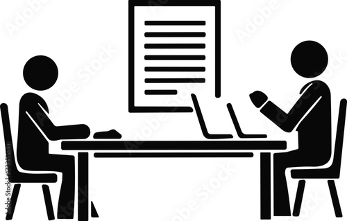 Business meeting illustration, black vector icon, professional discussion graphic, editable clipart design, workplace collaboration concept, minimal office scene