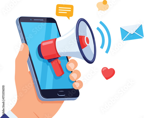 Illustration of hand holding smartphone with megaphone and social media icons isolated on white background