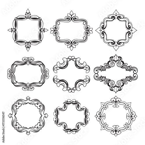 Large set vector black silhouette frame cartouches badges silhouette vector illustration on white background.