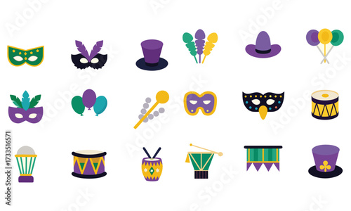 Mardi Gras Icons and Clipart – Carnival Masks, Balloons, Drums, Hats, Feathers & Party Decorations in Purple, Green, and Gold