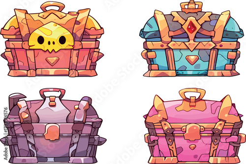 Colorful fantasy treasure chest set with four unique designs: skull chest, royal gem chest, metal chest, and pink magic chest. Perfect for games, icons, and illustration.
