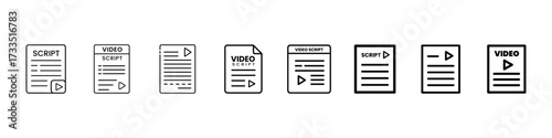 Video Script Document Line Icons Vector Set – Movie Script, Screenplay, Content Writing, Storyboard, Film Production, Script Page Symbols