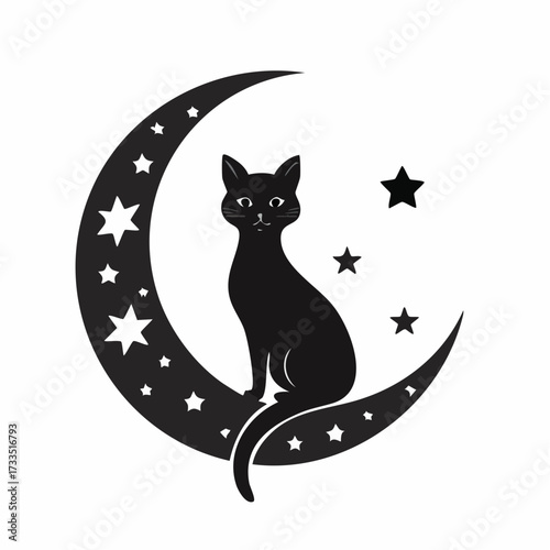 Elegant black cat silhouette sitting serenely on a crescent moon surrounded by twinkling stars. Perfect for magical, celestial, or whimsical design projects and Halloween.