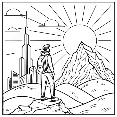 A lone hiker stands on a rocky outcrop gazing at a majestic mountain peak bathed in the warm glow of a rising sun with a modern city skyline in the distance