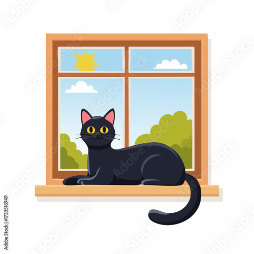 A charming black cat rests peacefully on a sunlit windowsill, gazing out at a bright, clear day. This cozy vector illustration evokes comfort and domestic tranquility.