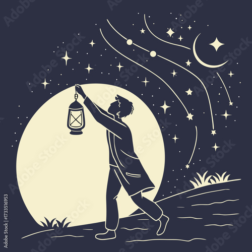 A lone silhouette of a man holding a vintage lantern aloft under a vast night sky filled with stars and a crescent moon symbolizing hope and wonder
