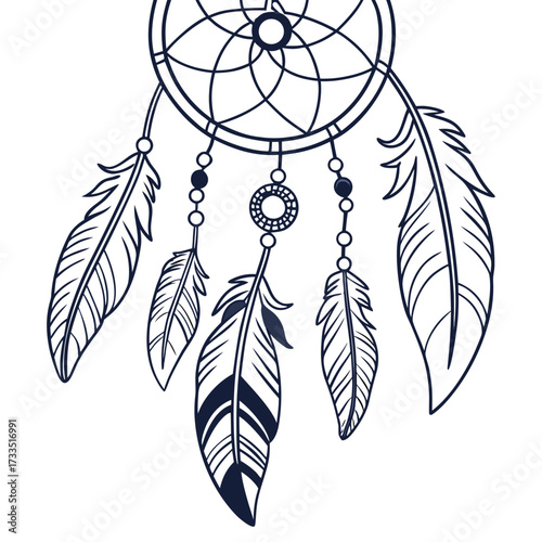 A minimalist dark blue outline drawing of a dreamcatcher with five feathers and beaded strings hanging from a circular web on a white background