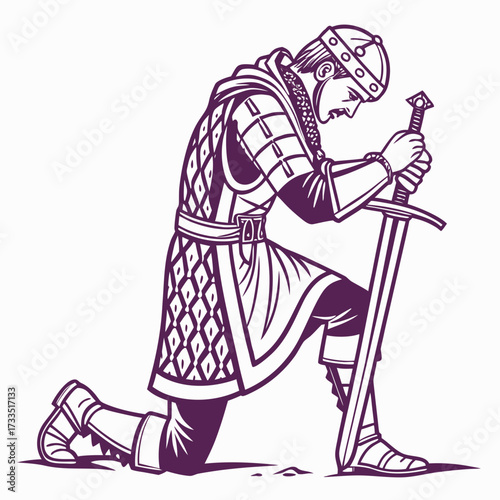 A stylized illustration of a medieval knight kneeling with his head bowed and sword held upright symbolizing defeat prayer or surrender in a historical context