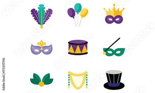 Mardi Gras Icons and Clipart – Carnival Masks, Balloons, Drums, Hats, Feathers & Party Decorations in Purple, Green, and Gold