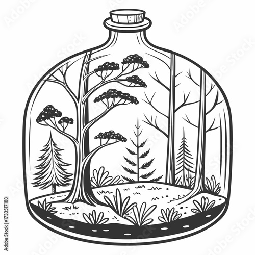 A whimsical black and white illustration of a miniature forest landscape contained within a glass bottle with a cork stopper evoking a sense of wonder and nature