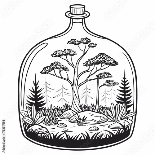 A whimsical black and white line drawing illustration of a miniature forest ecosystem contained within a clear glass bottle with a cork stopper showcasing trees plants rocks and water