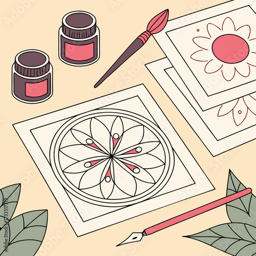 Artistic creation process with ink bottles a paintbrush a fountain pen and mandala and floral designs on paper set against a warm neutral background with decorative leaves