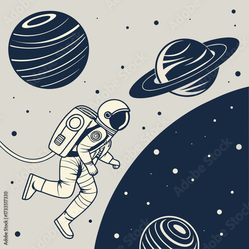 Astronaut floating in outer space with planets and stars a minimalist illustration of cosmic exploration and adventure