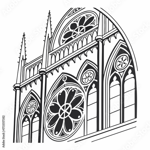 Detailed black and white line art illustration of gothic architecture featuring ornate rose windows and pointed arches showcasing intricate architectural details of a historic cathedral facade