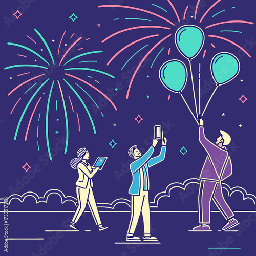 Diverse group of friends celebrating a special occasion with fireworks and balloons while capturing memories on their smartphones and tablets under a starry night sky