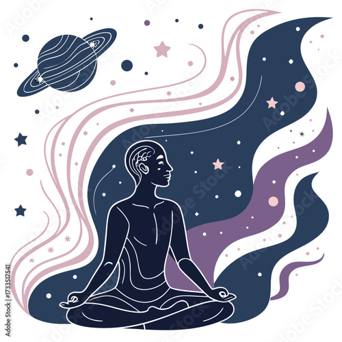 Meditating figure in lotus pose with cosmic background featuring saturn planet stars and swirling nebula clouds in a spiritual and mindful abstract illustration