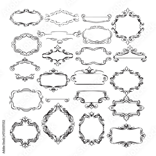 Large set vector black silhouette frame cartouches badges silhouette vector illustration on white background.