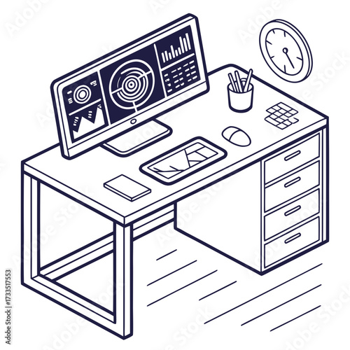 Modern isometric line art illustration of a clean desk setup with a dual monitor display showing data analytics charts and graphs a keyboard mouse pen holder and a clock on the wall