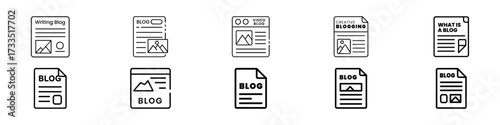 Blog and Article Line Icons Vector Set – Writing, Creative Blogging, Video Blog, Blogging and Content Line Icons – Blog Post, Article, Vlog, Creative Writing
