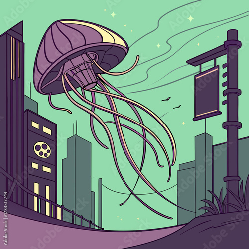 Surreal giant jellyfish floats serenely above a stylized city skyline at dusk with glowing stars and wispy clouds in the background