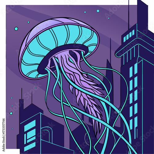 Surreal illustration of a giant bioluminescent jellyfish floating majestically above a futuristic cityscape at night with neon lights and a purple sky