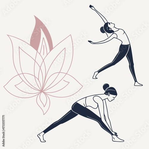Two elegant female figures in yoga poses one performing a warrior pose and the other a forward fold beside a stylized lotus flower illustration on a neutral background