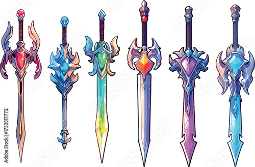 Set of fantasy magic swords with glowing crystals and ornate details. Ideal for game assets, RPG illustrations, and concept art.