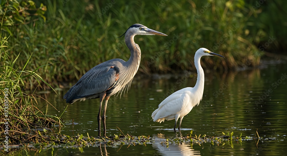 Fototapeta premium Great blue heron and snowy egret standing elegantly in shallow water habitat scene
