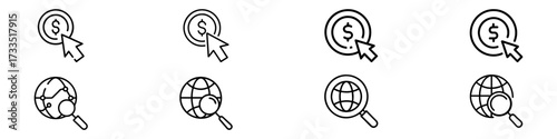  PPC and CPC Icons, Pay‑Per‑Click Line Icons Vector Set – Dollar Coin Click, Online Ads, CPC, Web and Global Search Icons – Globe with Magnifier Line Set