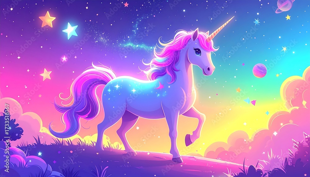 Fototapeta premium Magical unicorn in a starry night sky with clouds and colorful background