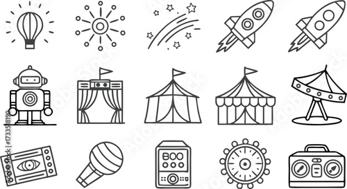 Whimsical carnival fun line art icons for vibrant event designs, celebrating childhood joy and festive amusement parks, perfect for playful themes