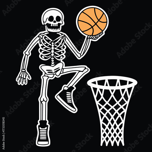 Vector art of skeleton playing basketball and about to dunk the ball into the hoop, isolated on