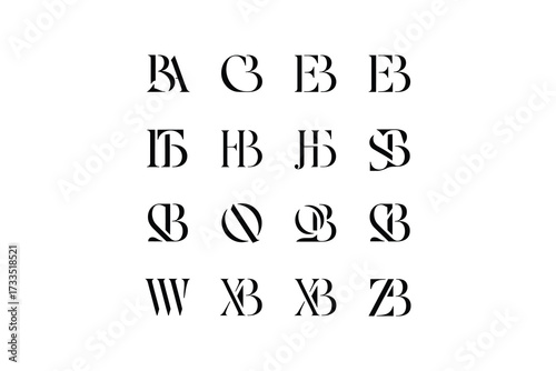 Various letter combinations in black and white on a white background layout
