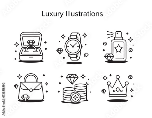 Luxury Icons: A curated collection of elegant line art icons representing symbols of wealth and opulence, including a diamond ring, wristwatch, perfume bottle, handbag, stack of coins.