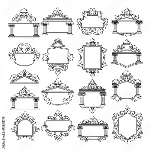 Large set vector black silhouette frame cartouches badges silhouette vector illustration on white background.
