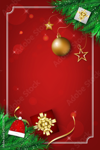 Festive Christmas background with golden bauble ornament, gift box, Santa hat, star decoration and green fir branches on red background with bokeh illustration vector for holiday greetings card