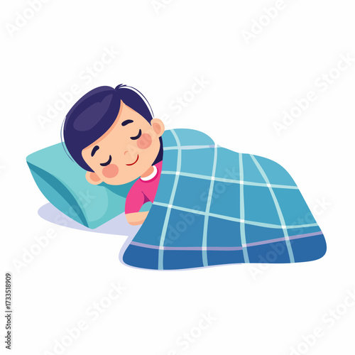 Smiling Cartoon Child Sleeping Comfortably Under a Cozy Blanket on a Soft Pillow at Night