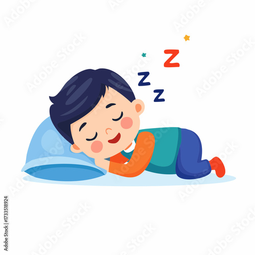 Adorable cartoon child sleeping soundly on a blue pillow. Happy little boy taking a nap and resting in his bedroom with sweet dreams
