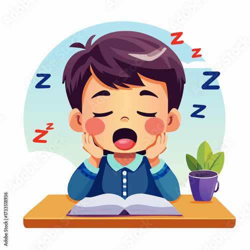 Cute cartoon illustration of an exhausted young boy falling asleep at his study desk with an open book, depicting childhood fatigue and the need for rest after schoolwork